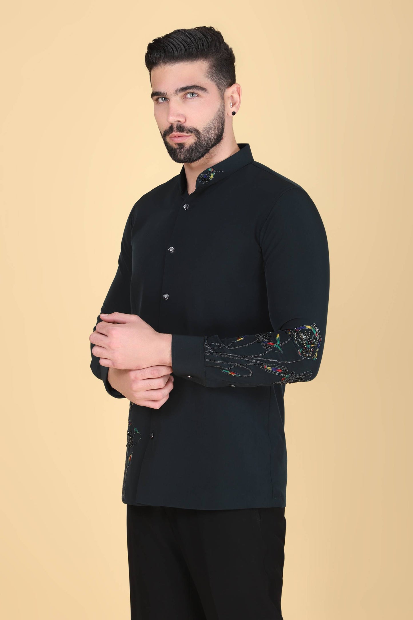 Teal Green Hand Embroidered Shirt for Men
