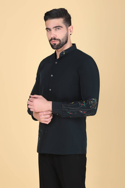 Teal Green Hand Embroidered Shirt for Men
