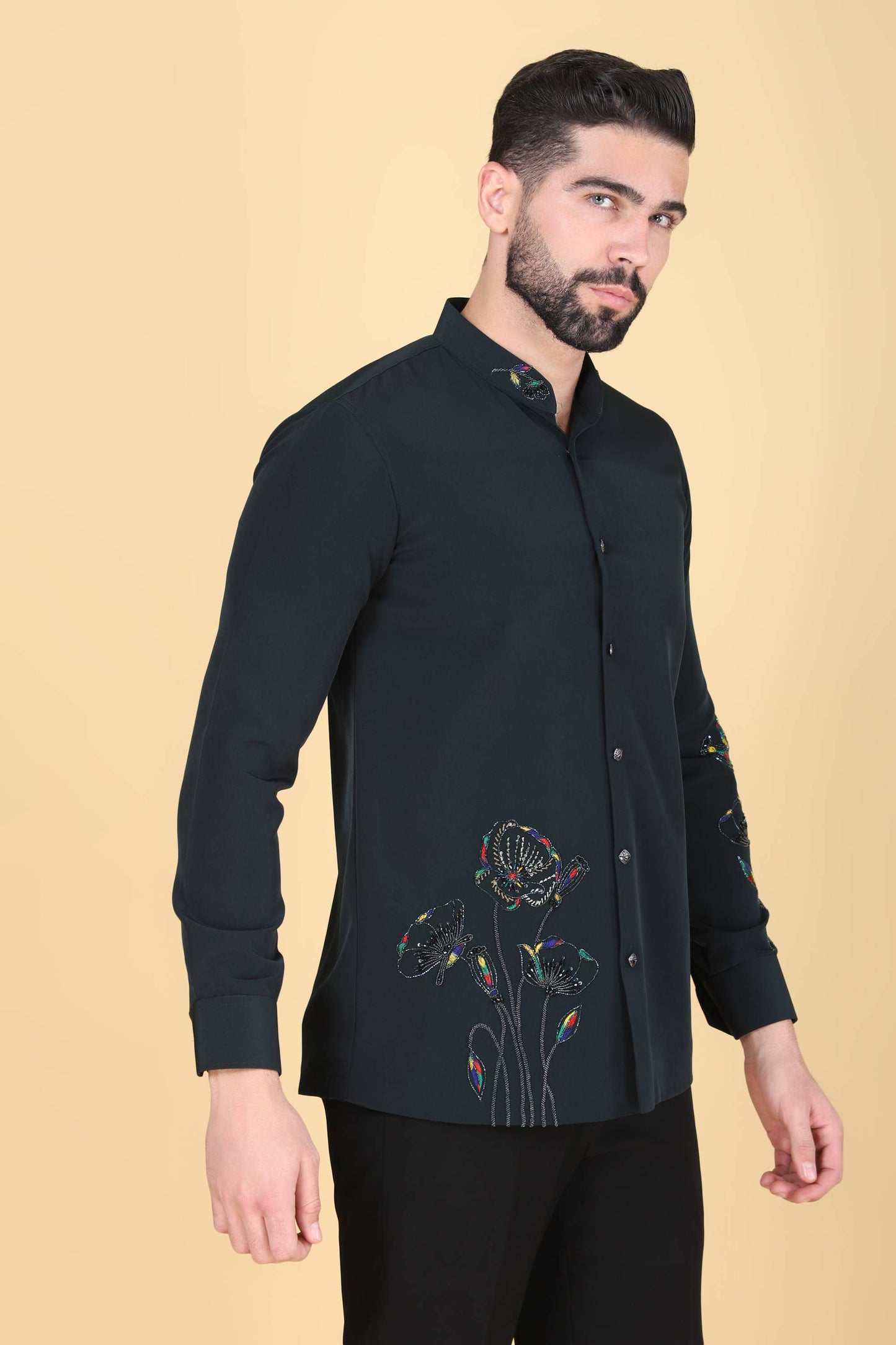 Teal Green Hand Embroidered Shirt for Men