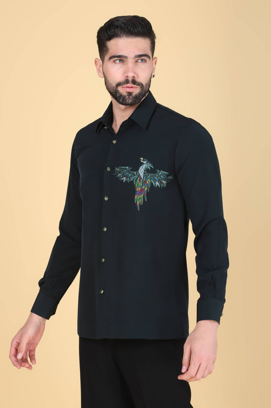 Teal Green Hand Embroidered Shirt for Men