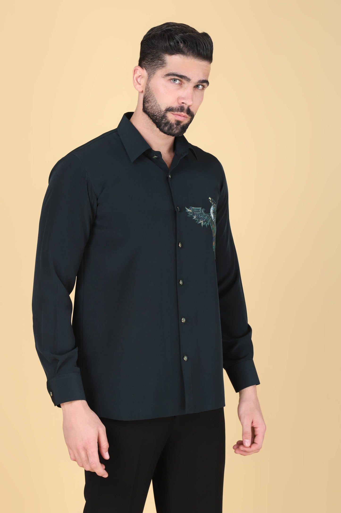 Teal Green Hand Embroidered Shirt for Men