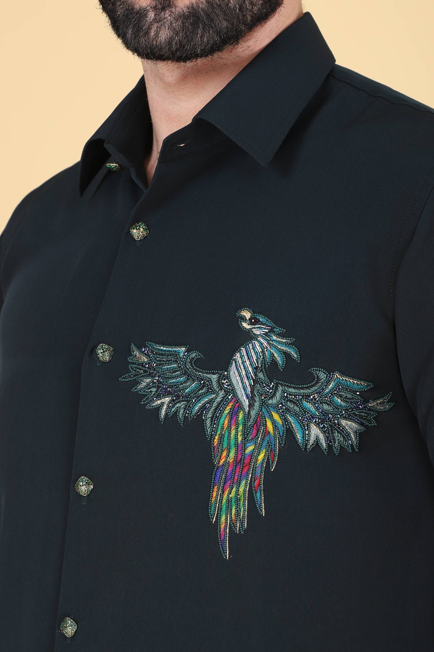 Teal Green Hand Embroidered Shirt for Men