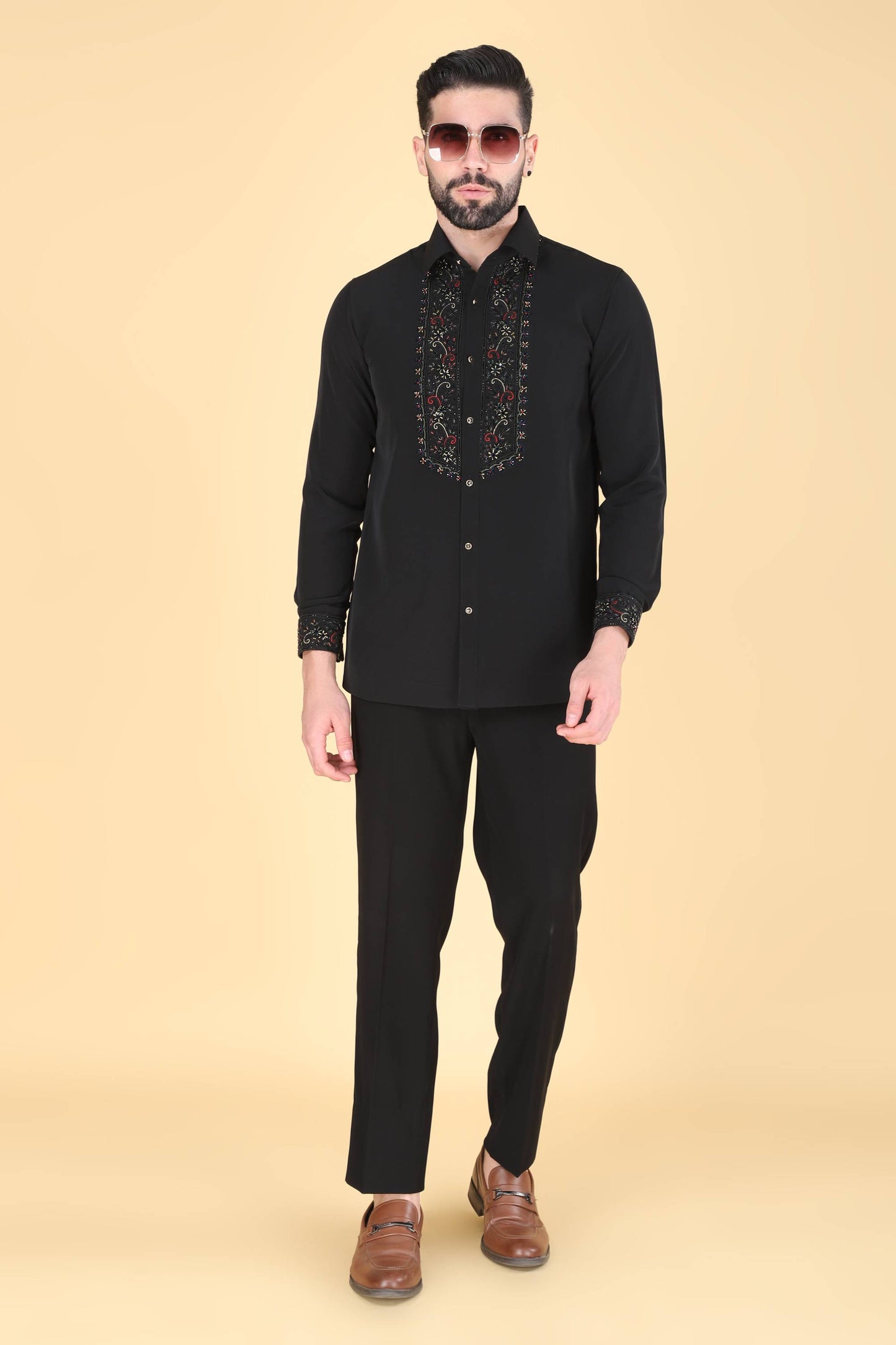 Black Multicolor Hand Embroidered Shirt for Men