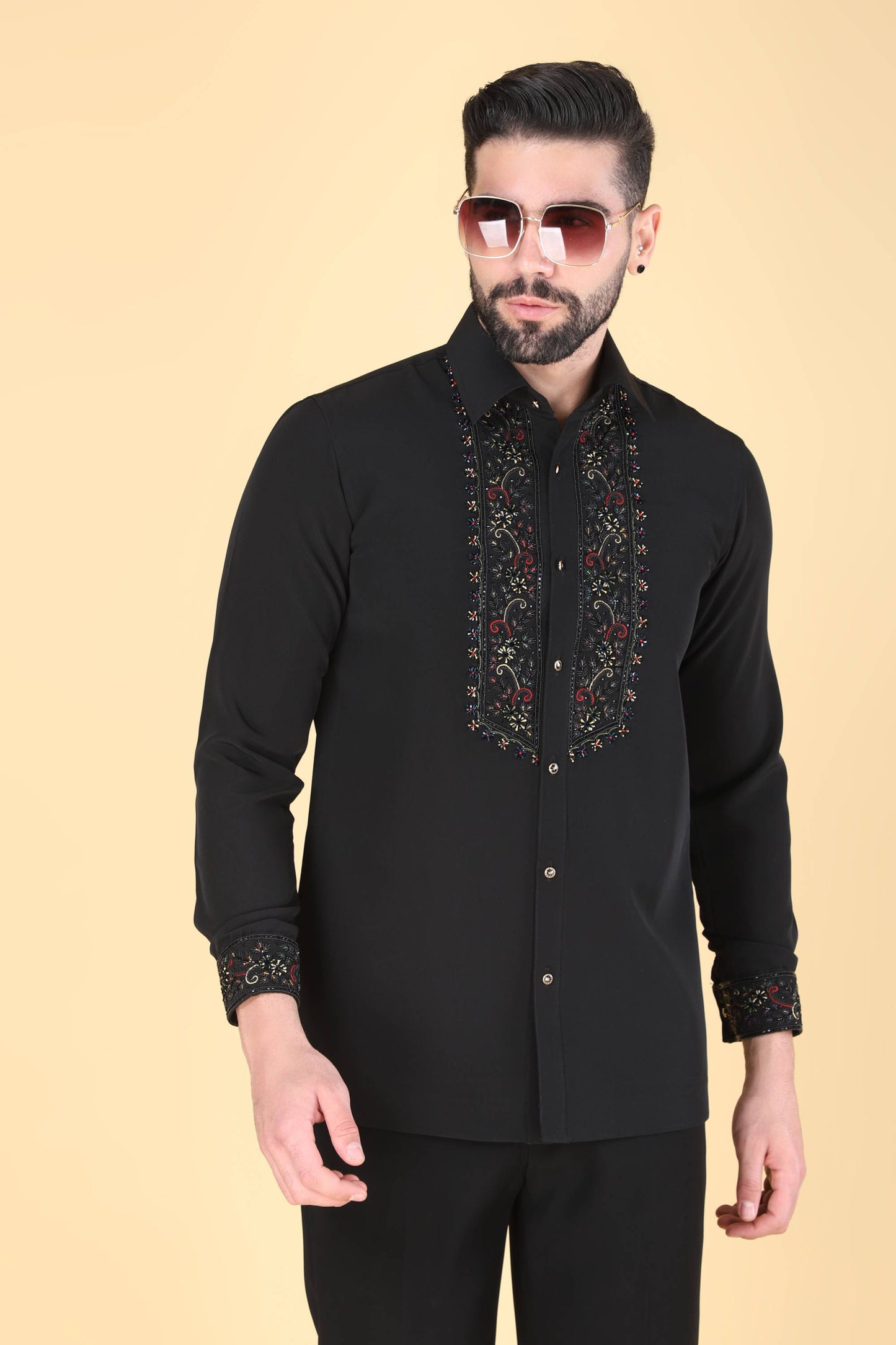 Black Multicolor Hand Embroidered Shirt for Men