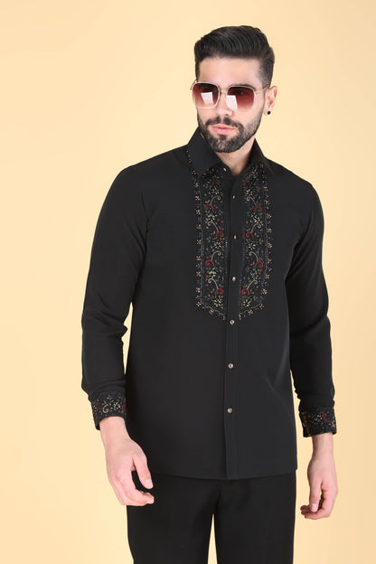 Black Multicolor Hand Embroidered Shirt for Men
