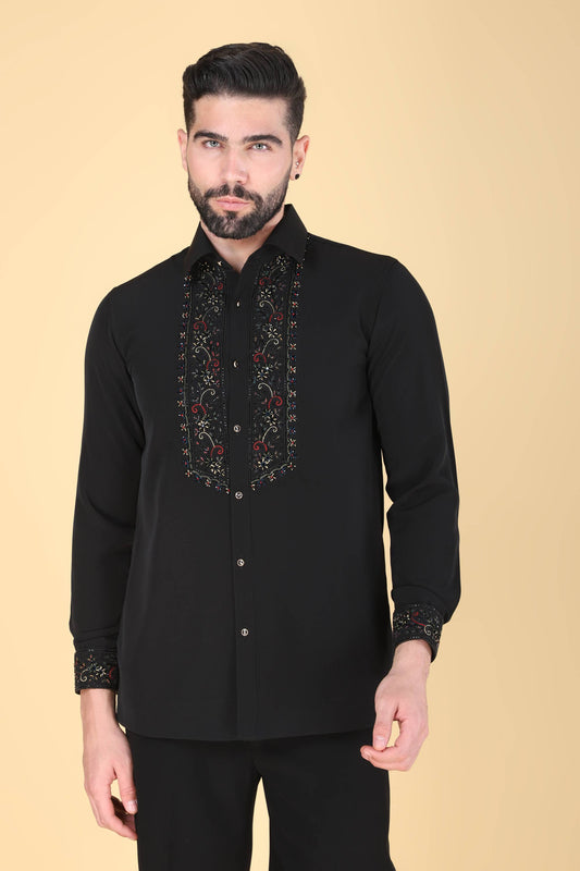Black Multicolor Hand Embroidered Shirt for Men