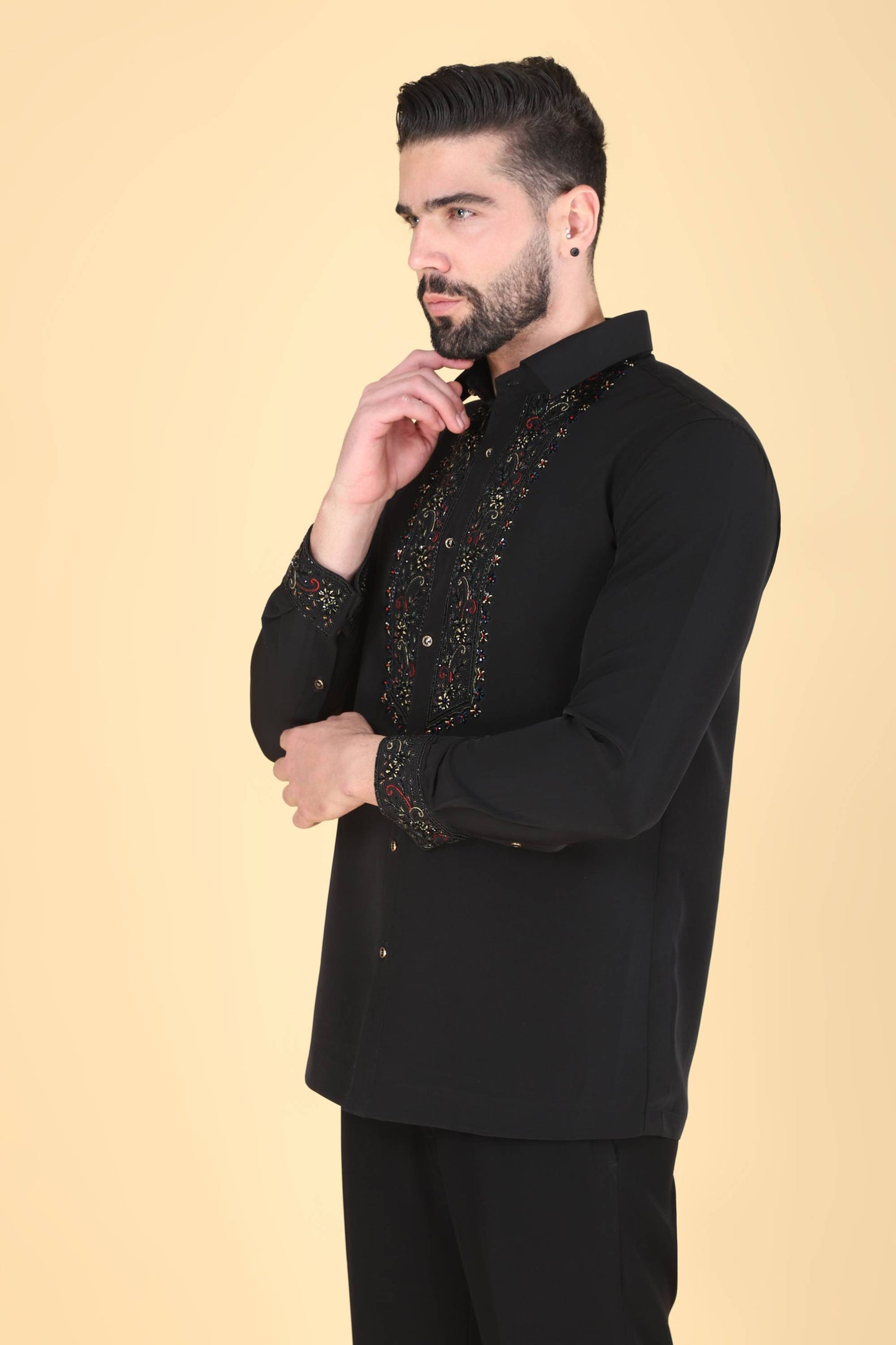 Black Multicolor Hand Embroidered Shirt for Men