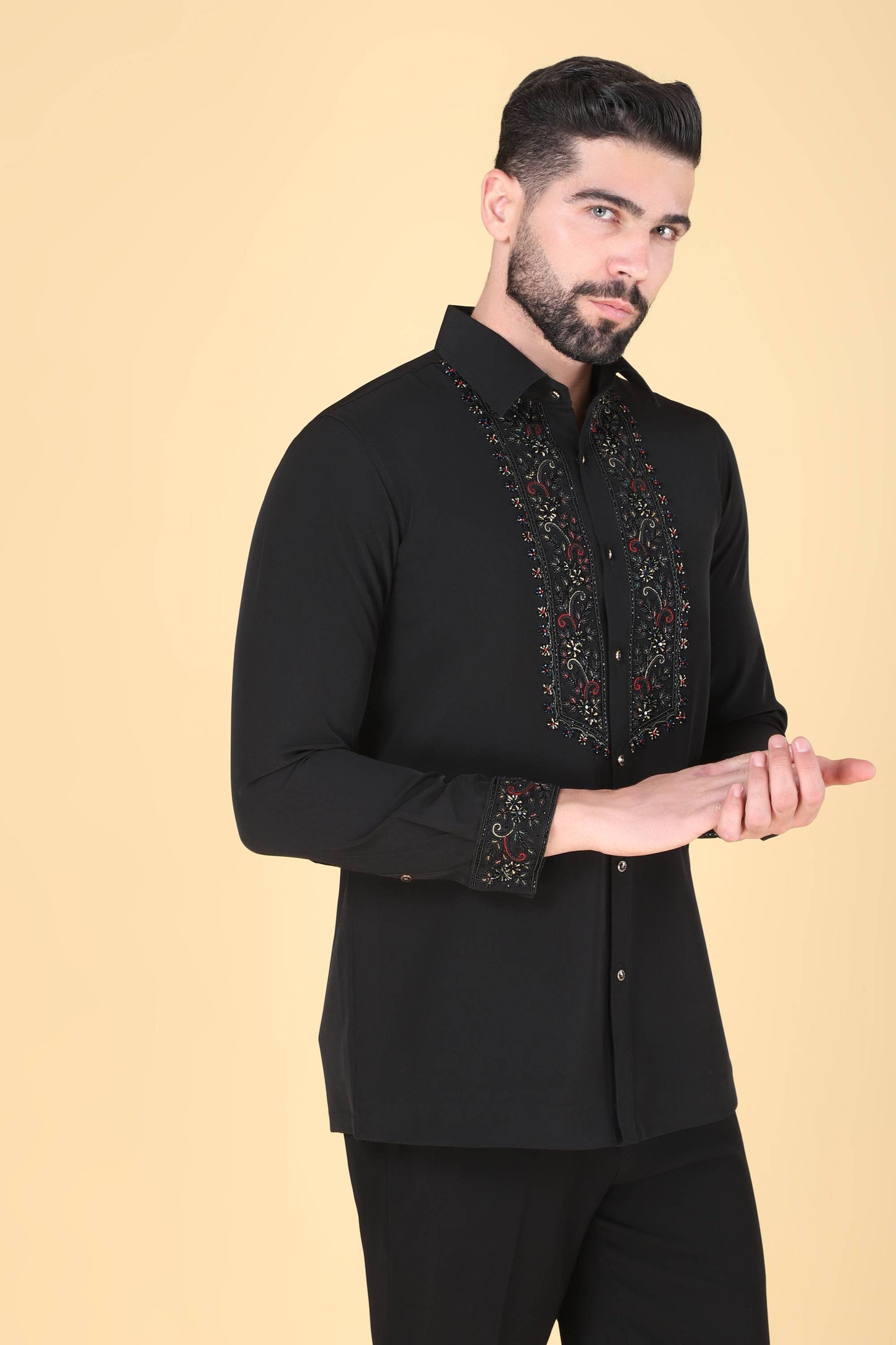 Black Multicolor Hand Embroidered Shirt for Men
