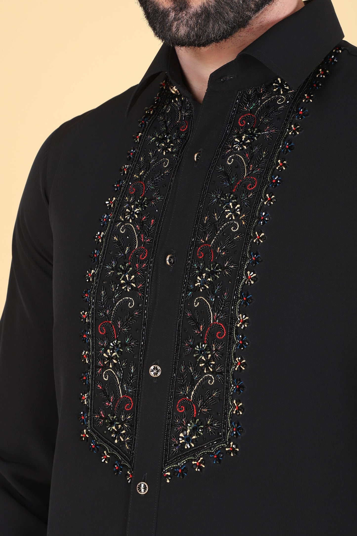 Black Multicolor Hand Embroidered Shirt for Men