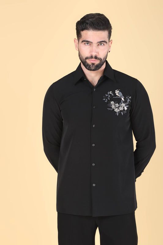 Black Hand Embroidered Shirt for Men