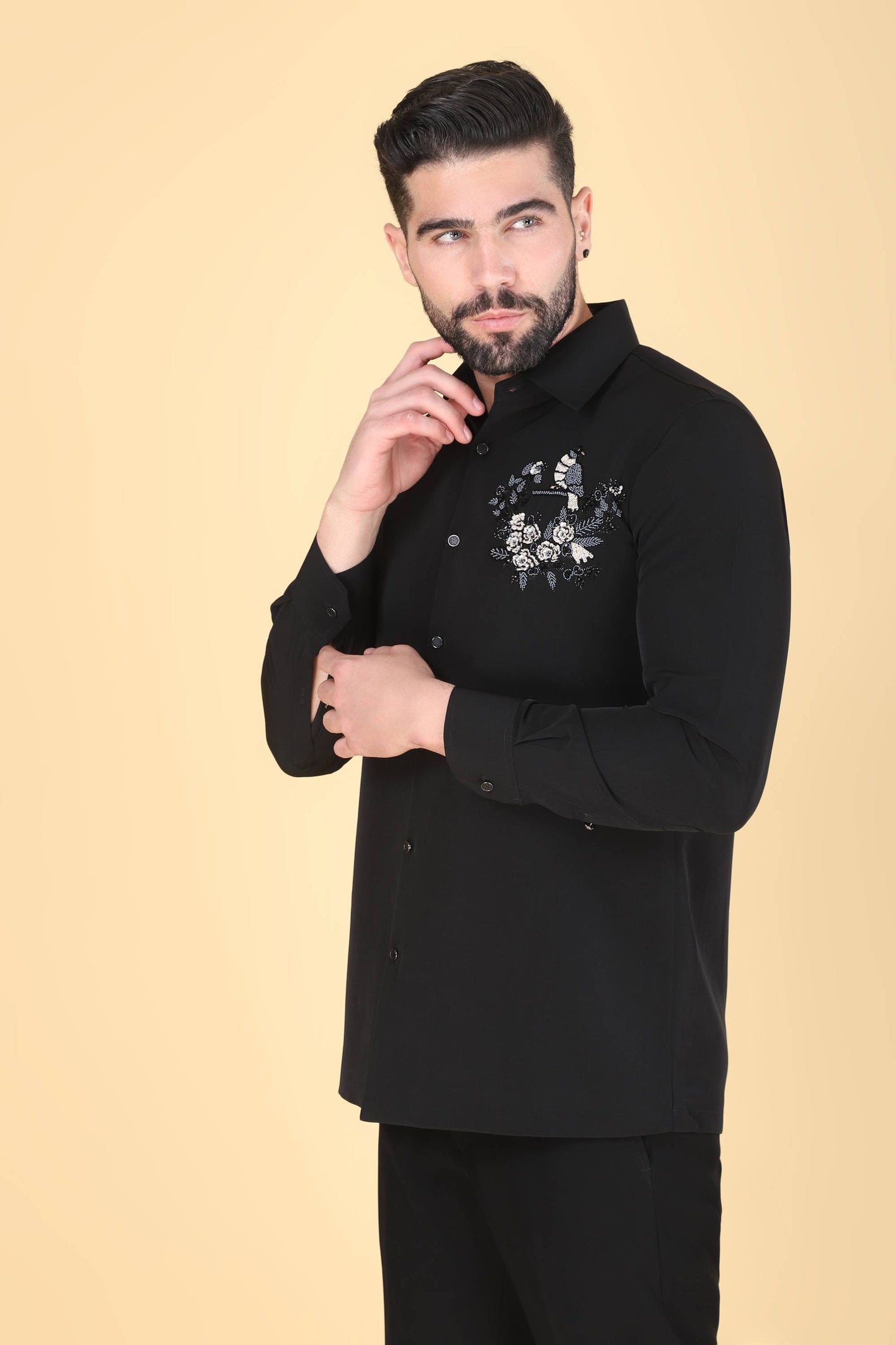Black Hand Embroidered Shirt for Men