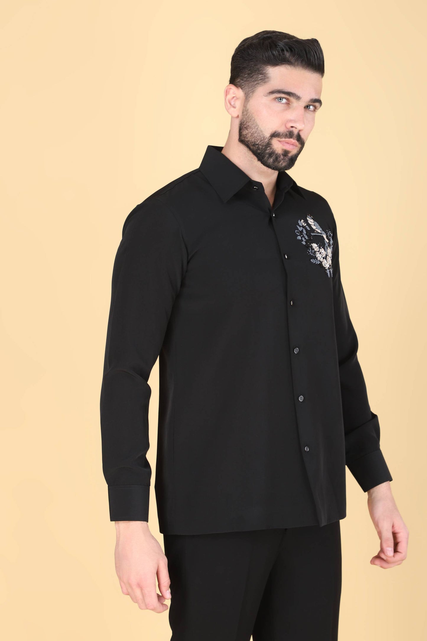 Black Hand Embroidered Shirt for Men
