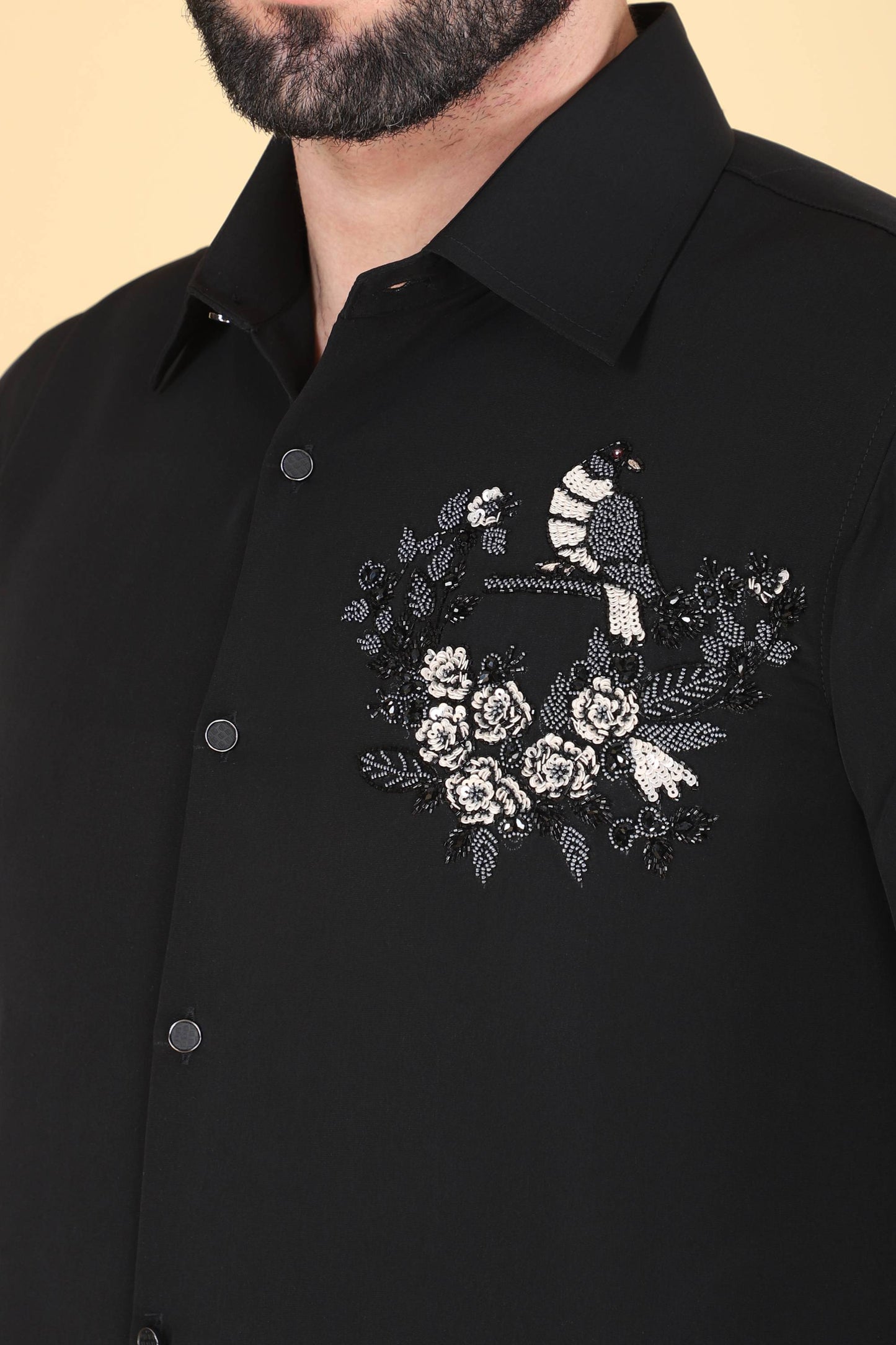 Black Hand Embroidered Shirt for Men