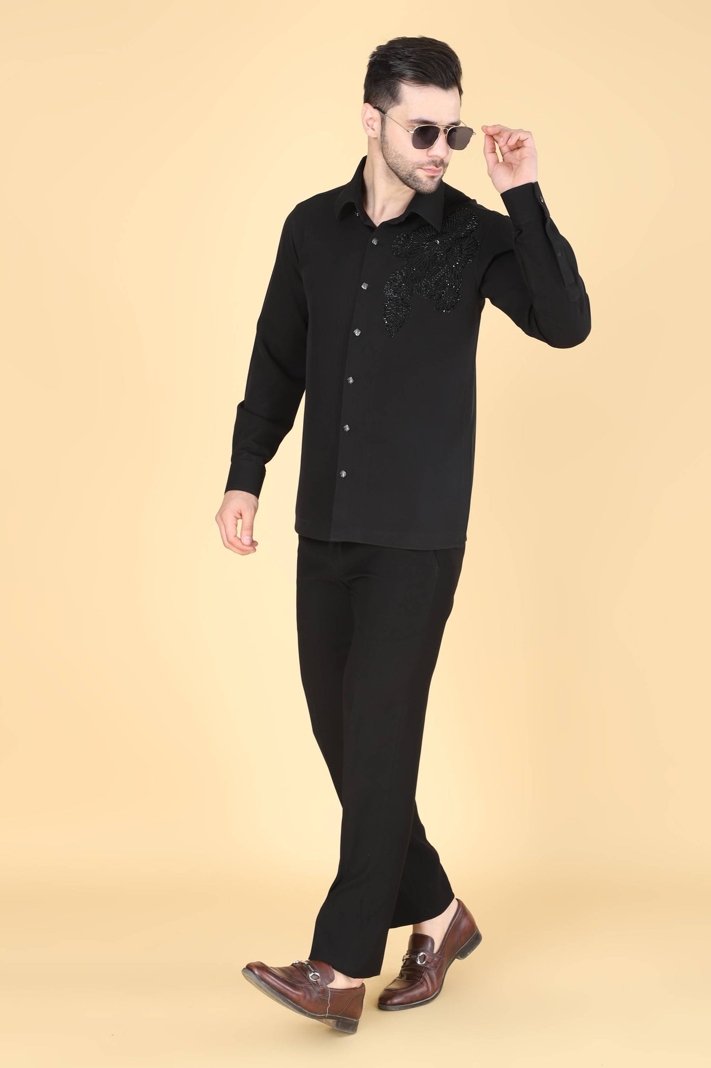 Black Hand Embroidered shirt for Men