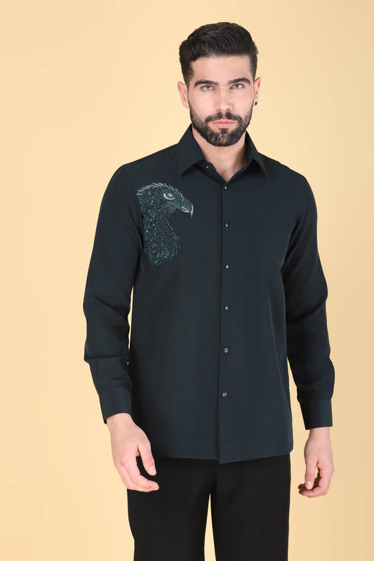 Teal Green Hand Embroidered Shirt for Men