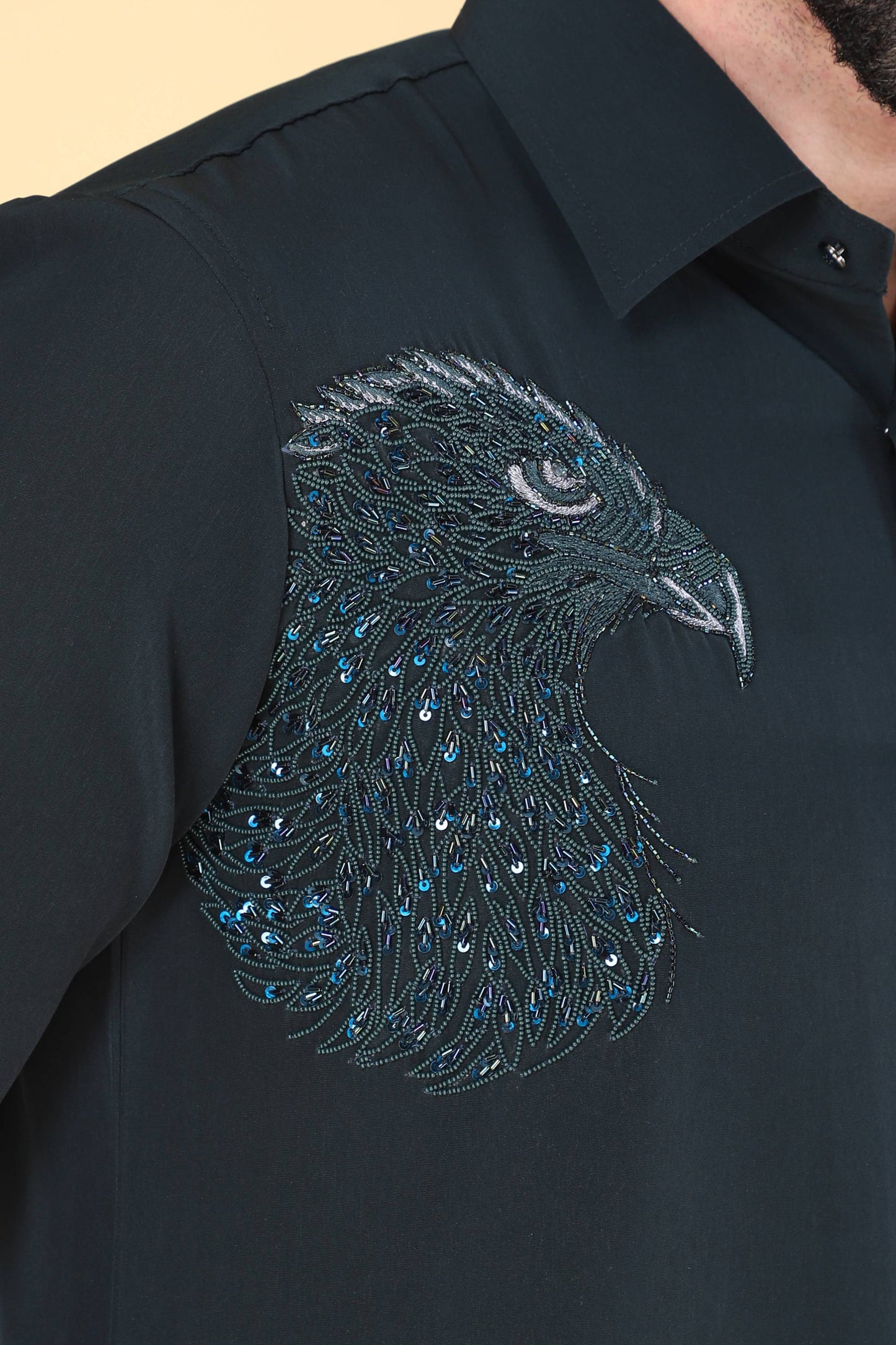 Teal Green Hand Embroidered Shirt for Men