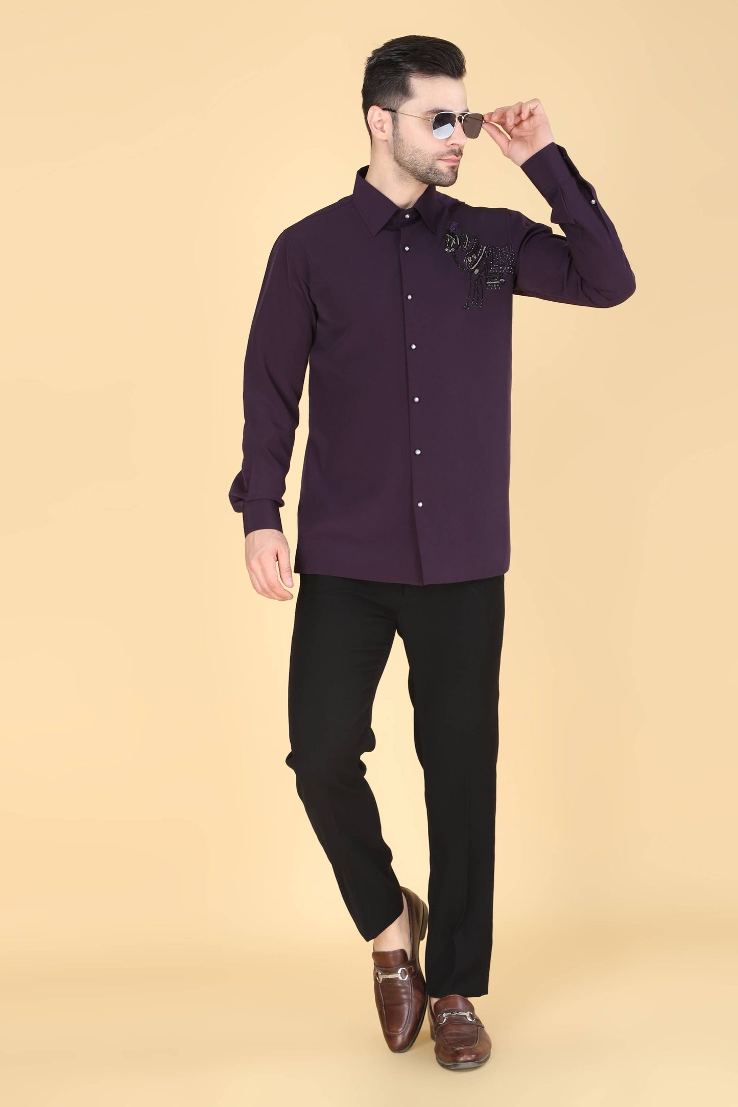 Purple Hand Embroidered Shirt for Men