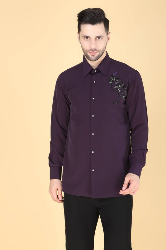 Purple Hand Embroidered Shirt for Men