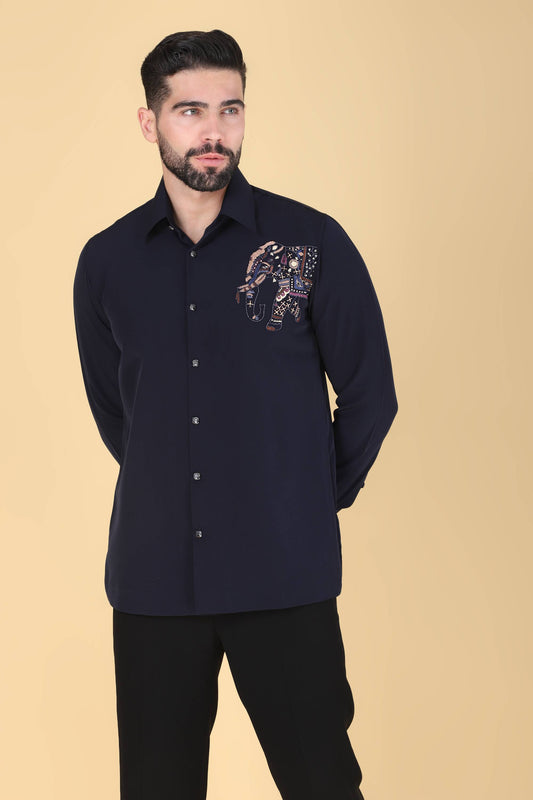 Navy Hand Embroidered Shirt for Men