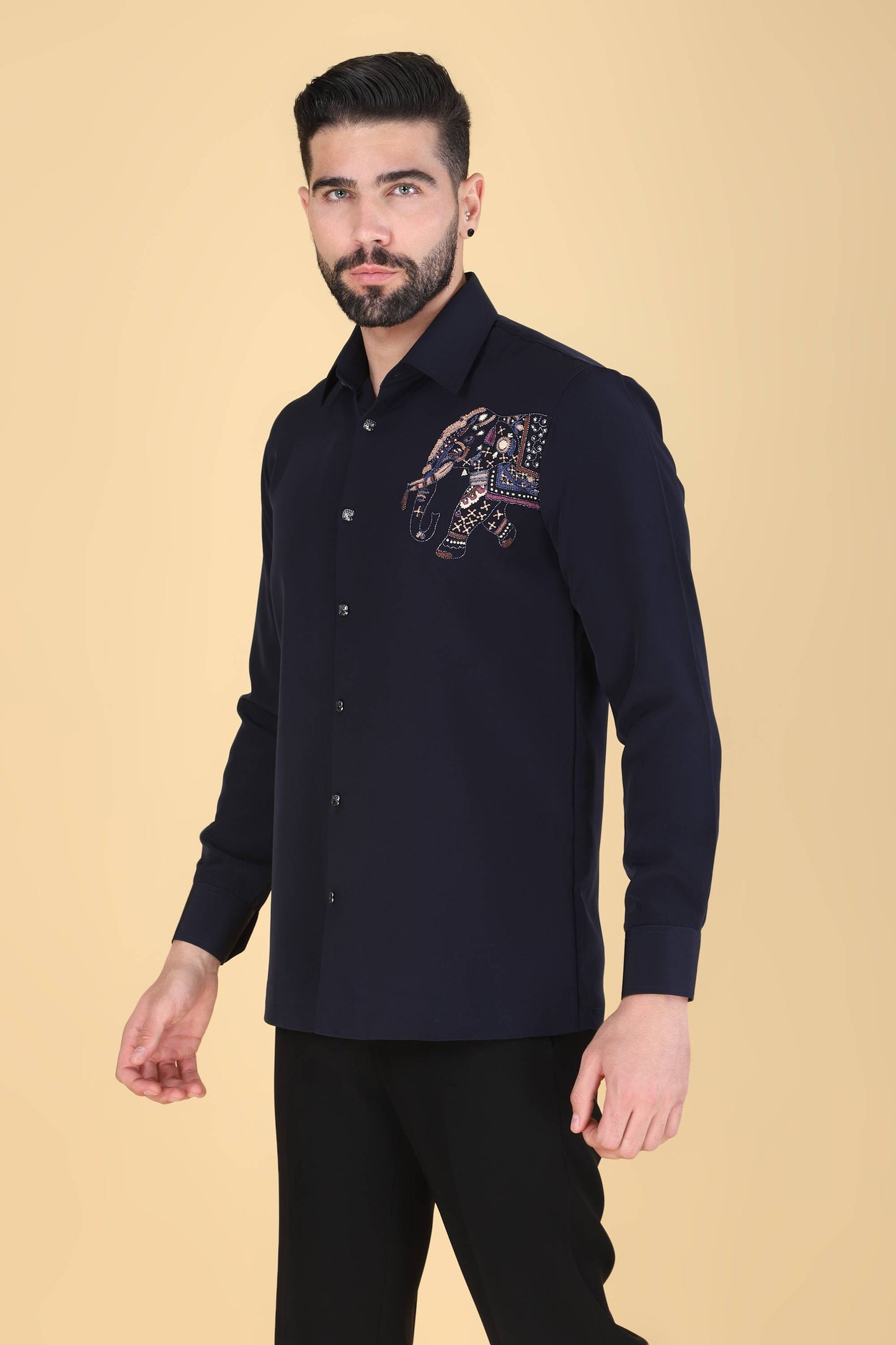 Navy Hand Embroidered Shirt for Men