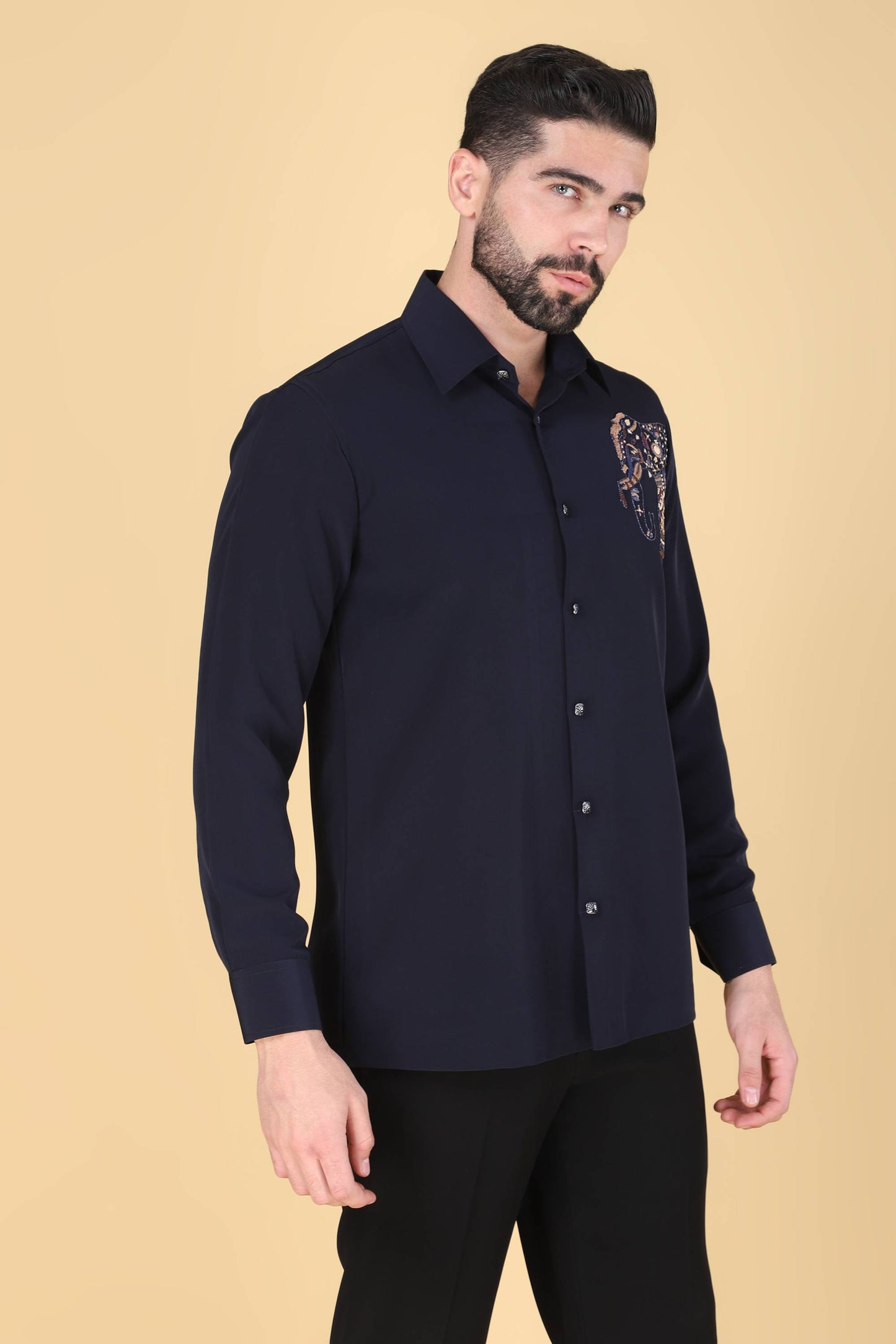 Navy Hand Embroidered Shirt for Men