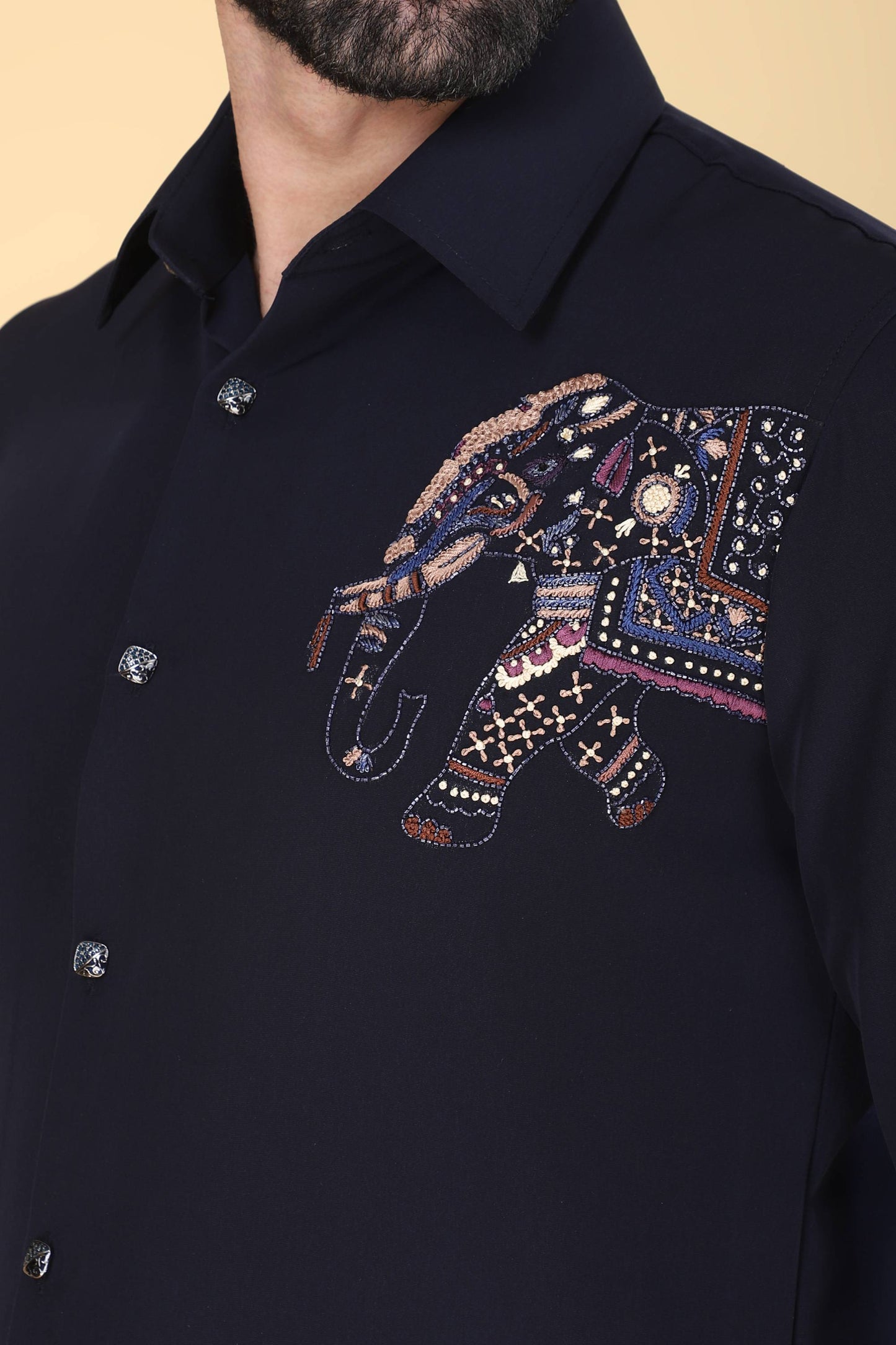 Navy Hand Embroidered Shirt for Men