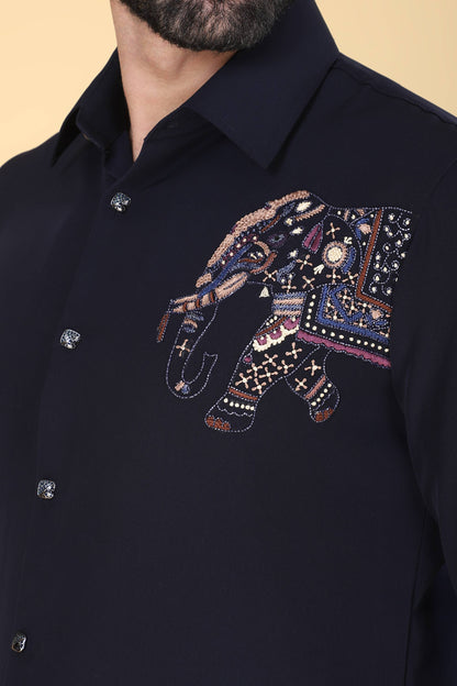 Navy Hand Embroidered Shirt for Men