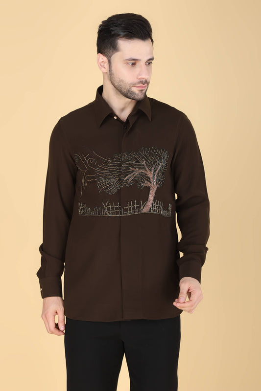 Men's Mehendi Green Hand Embroidered Shirt