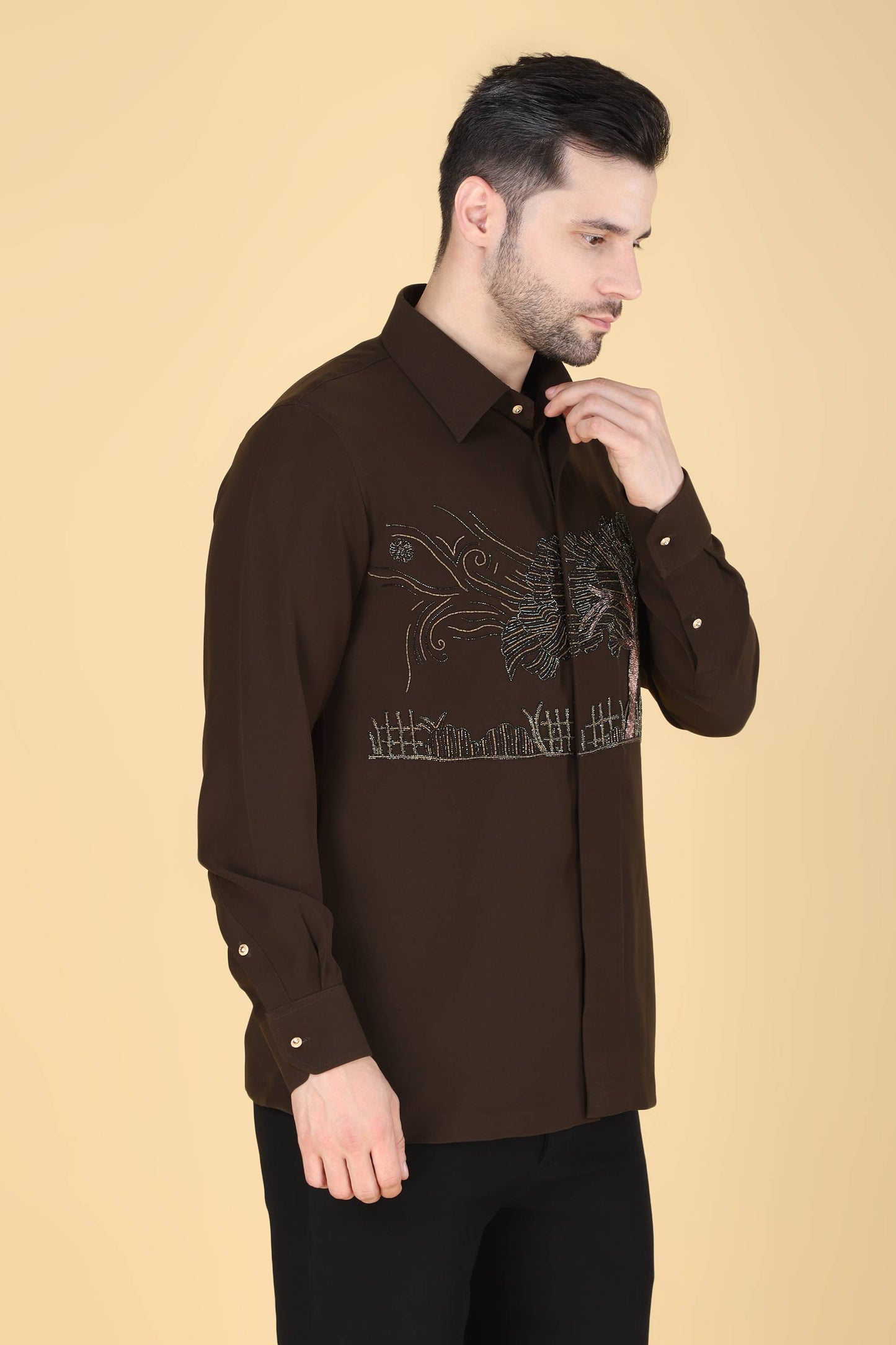 Men's Mehendi Green Hand Embroidered Shirt