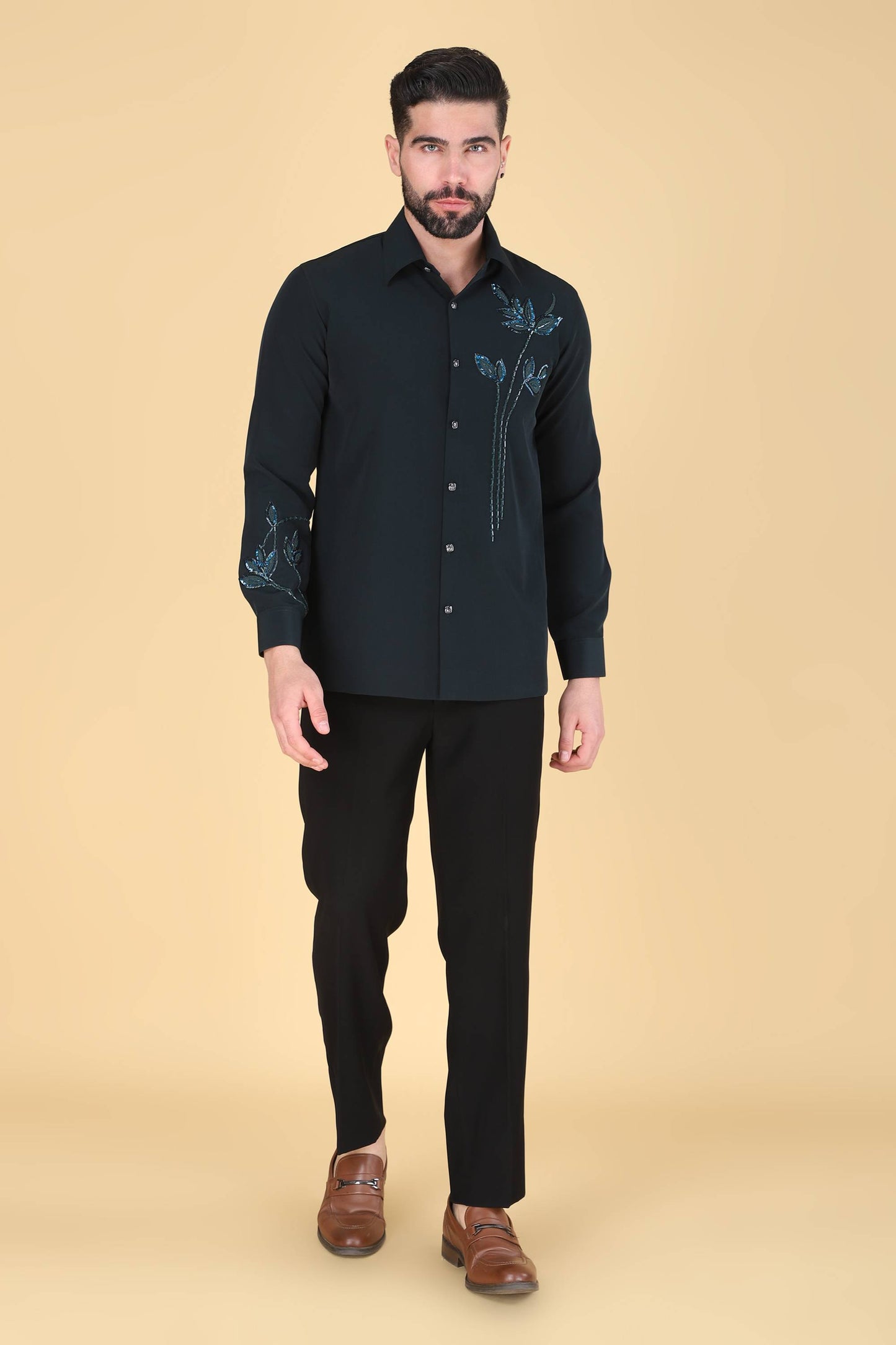 Teal Green Hand Embroidered Shirt for Men