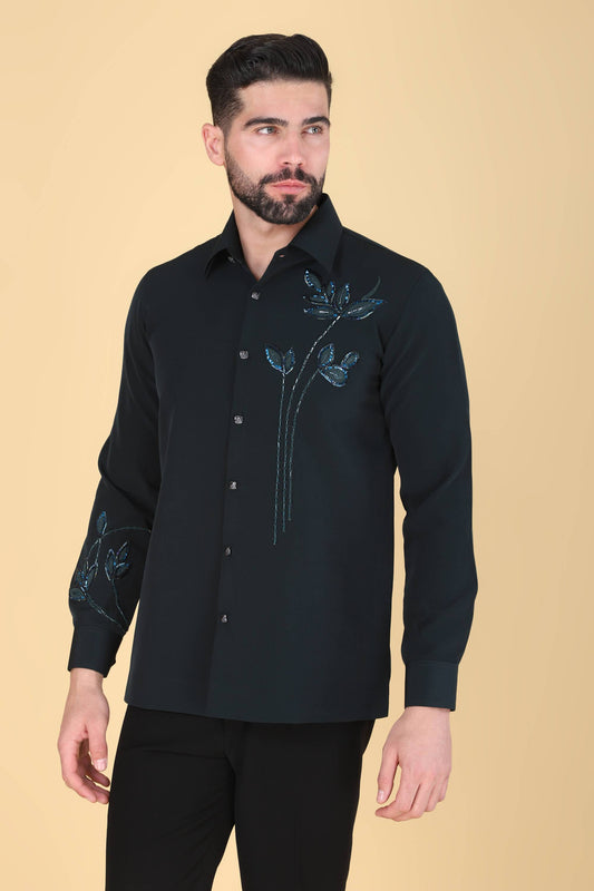 Teal Green Hand Embroidered Shirt for Men
