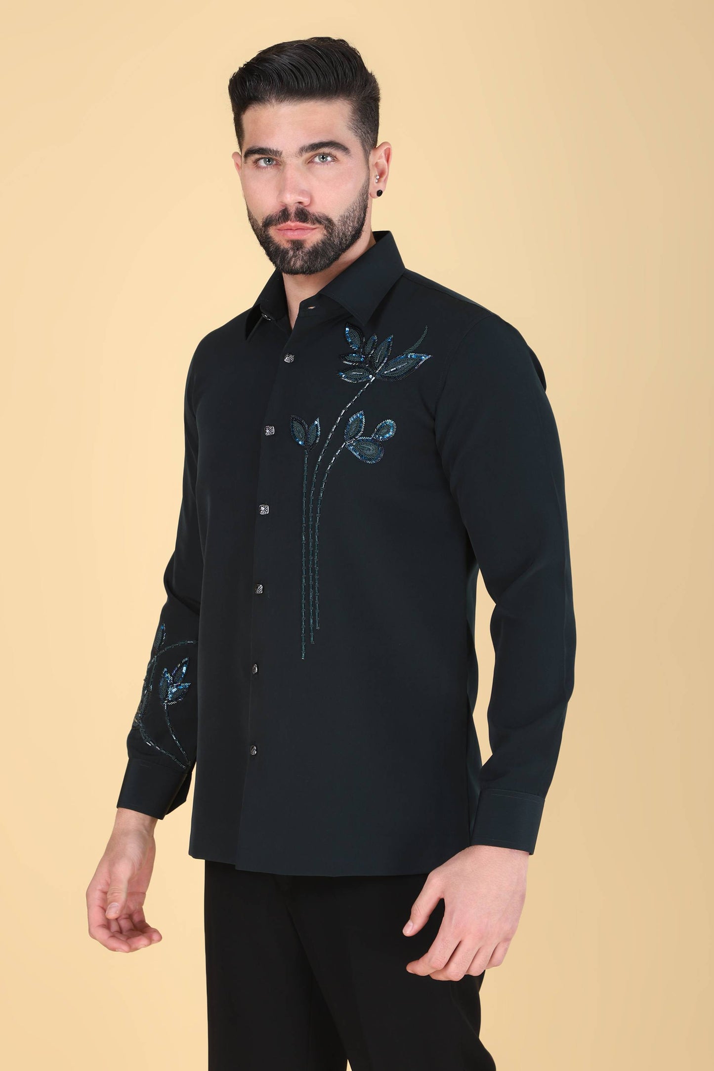 Teal Green Hand Embroidered Shirt for Men