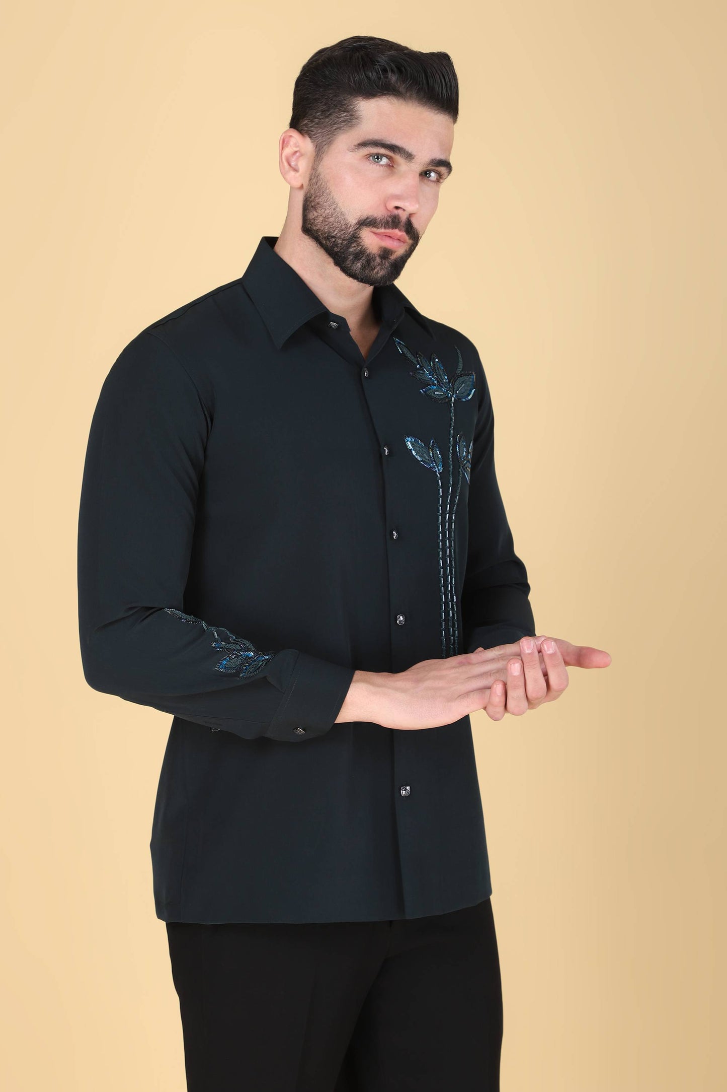 Teal Green Hand Embroidered Shirt for Men