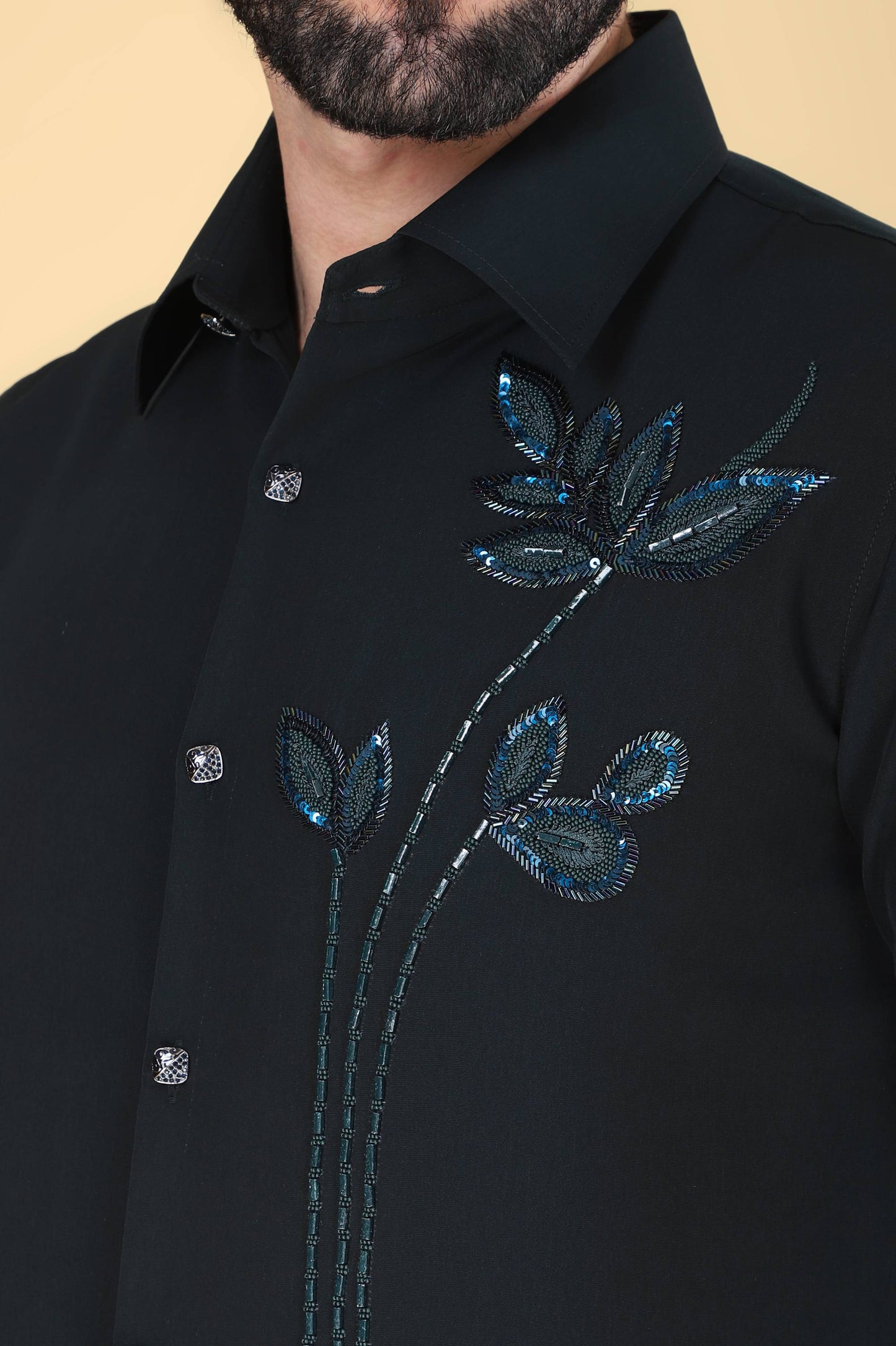 Teal Green Hand Embroidered Shirt for Men