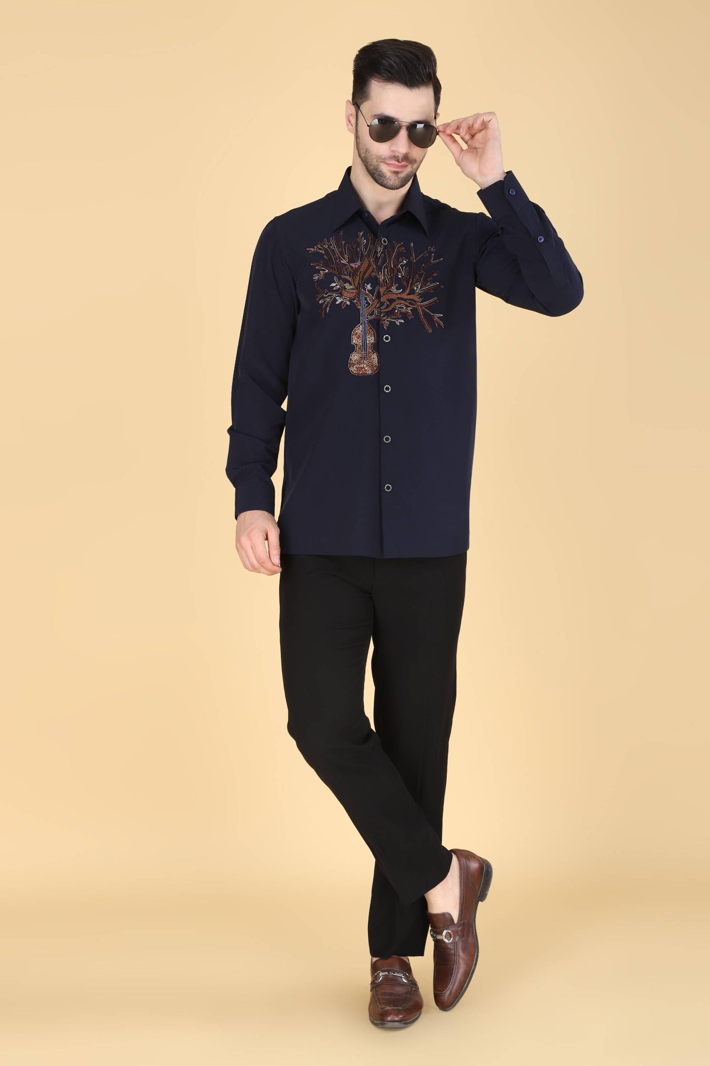 Navy Hand Embroidered Shirt for men