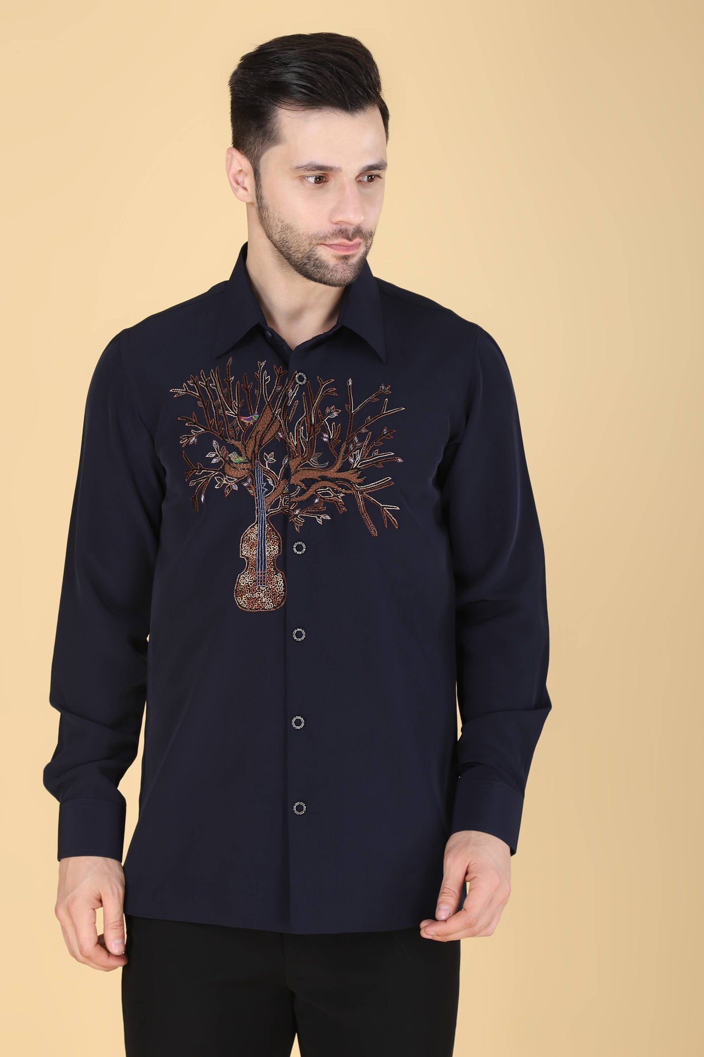Navy Hand Embroidered Shirt for men