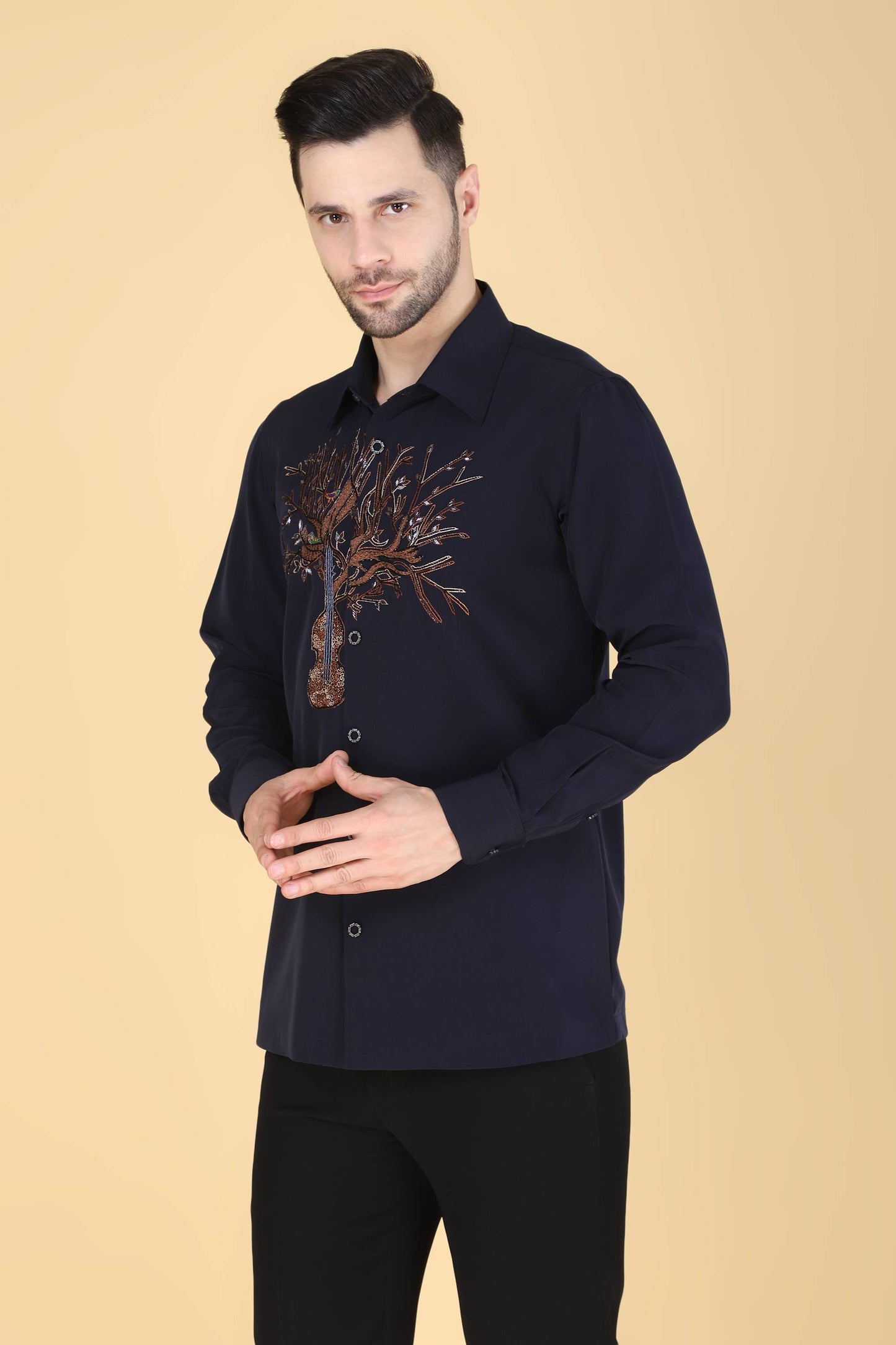 Navy Hand Embroidered Shirt for men