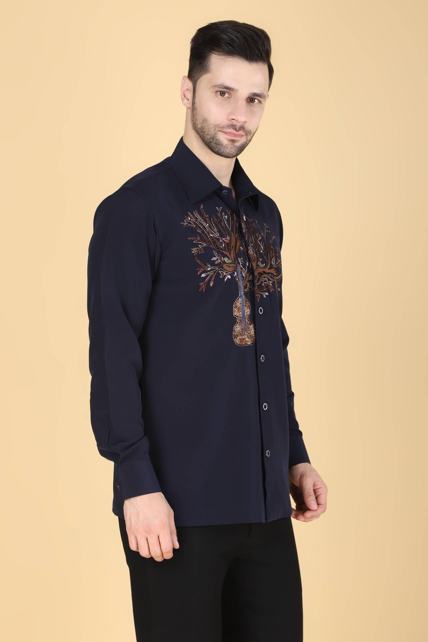 Navy Hand Embroidered Shirt for men