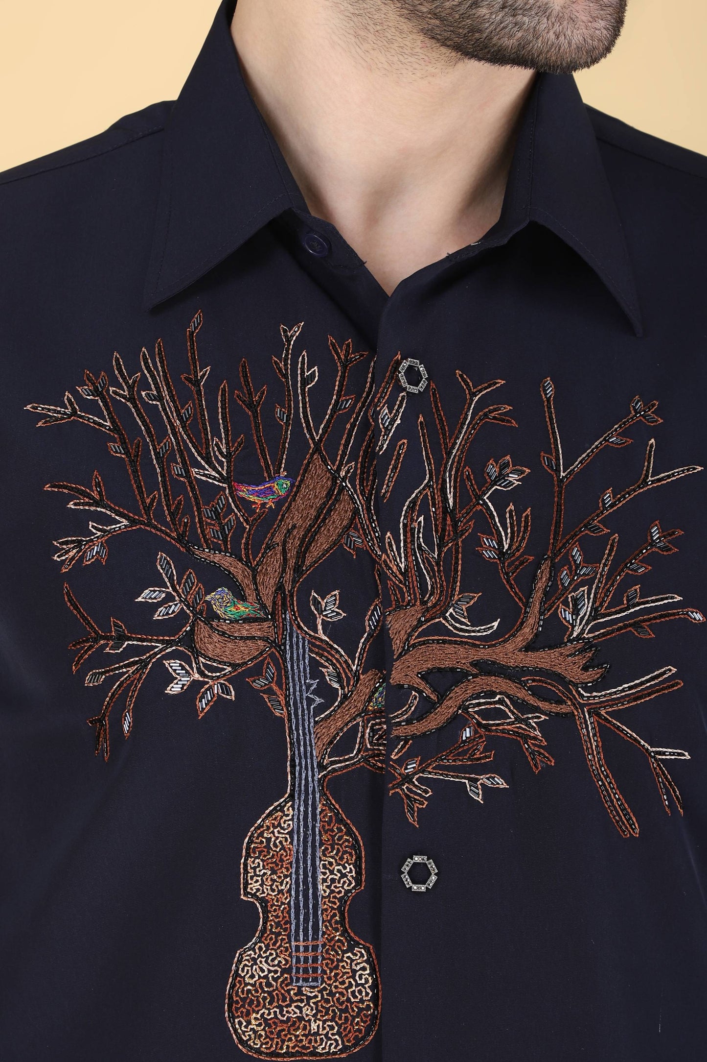 Navy Hand Embroidered Shirt for men
