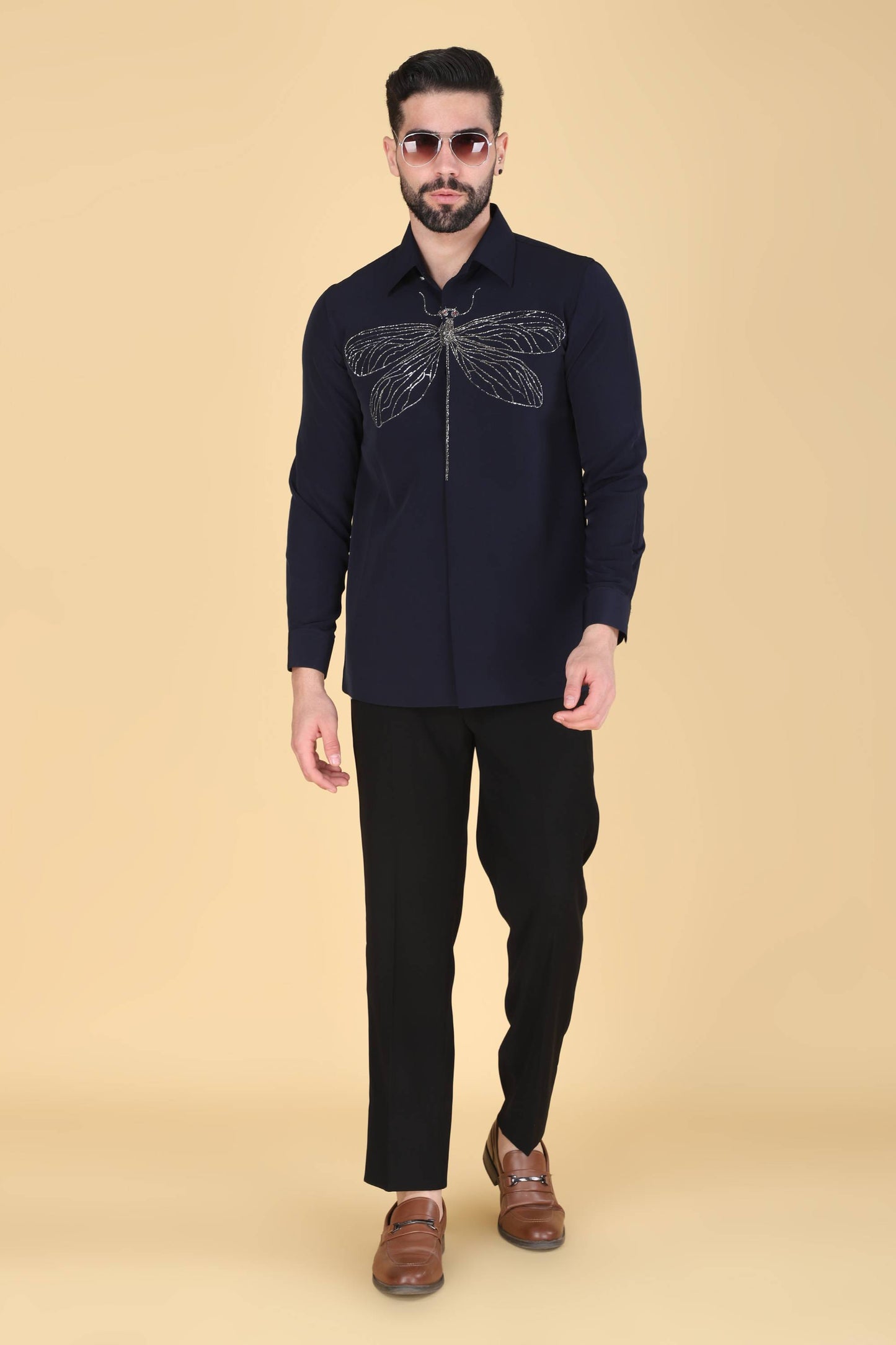 Navy Hand Embroidered Shirt for men