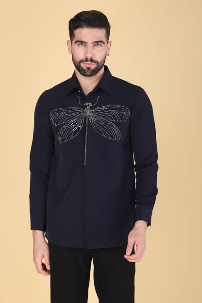 Navy Hand Embroidered Shirt for men