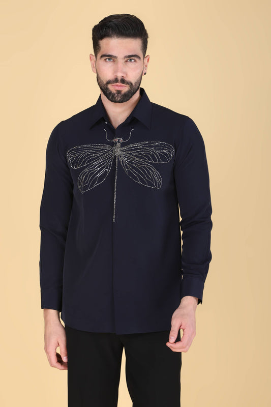 Navy Hand Embroidered Shirt for men