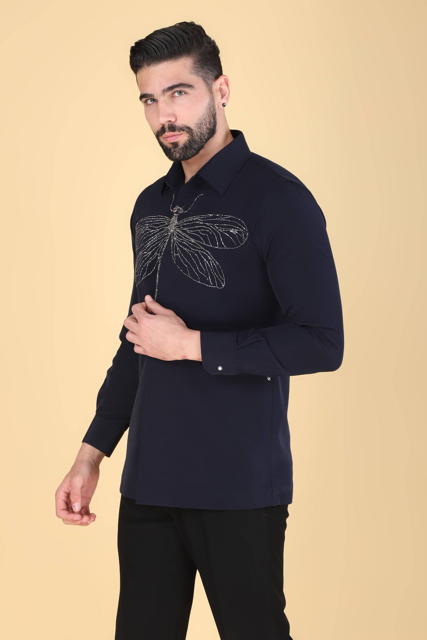 Navy Hand Embroidered Shirt for men