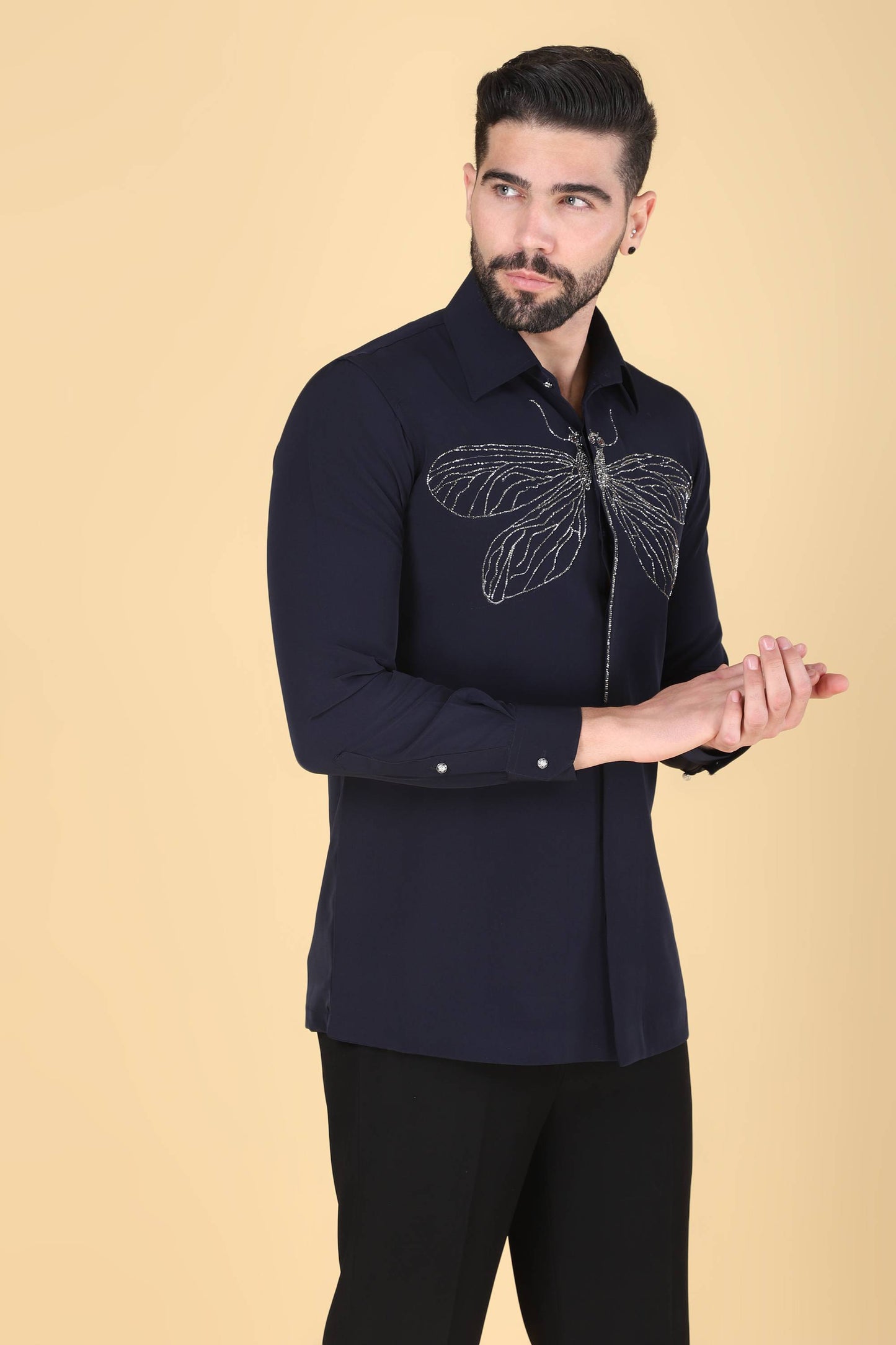 Navy Hand Embroidered Shirt for men