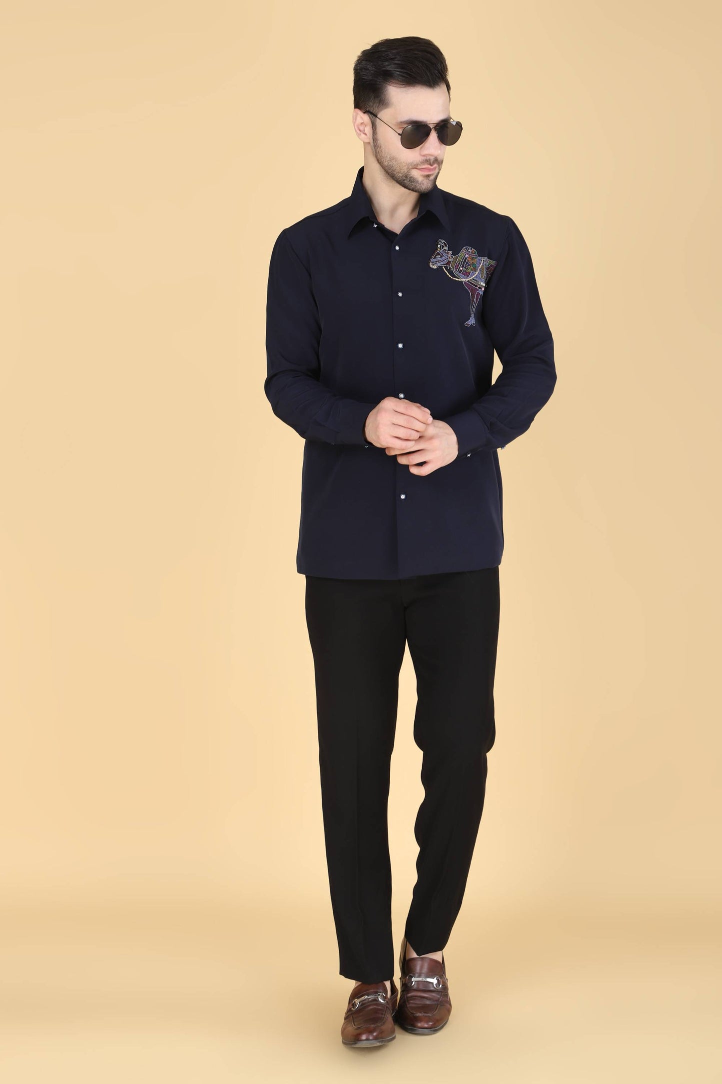 Navy Hand Embroidered Shirt for men