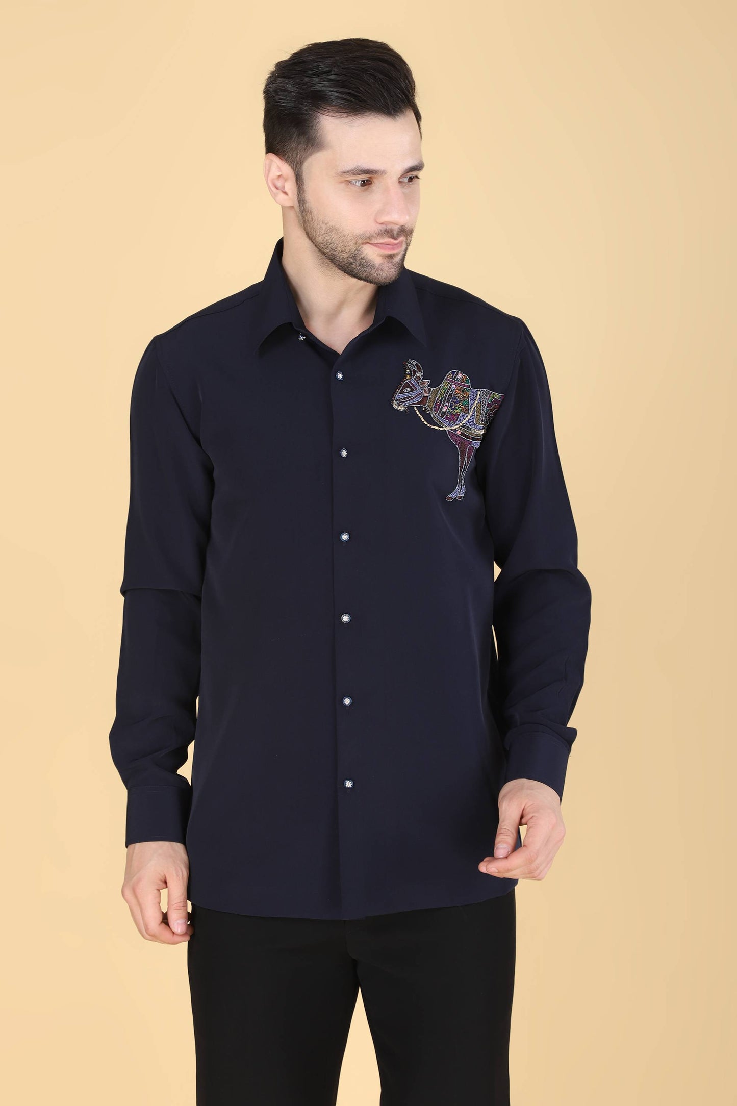 Navy Hand Embroidered Shirt for men