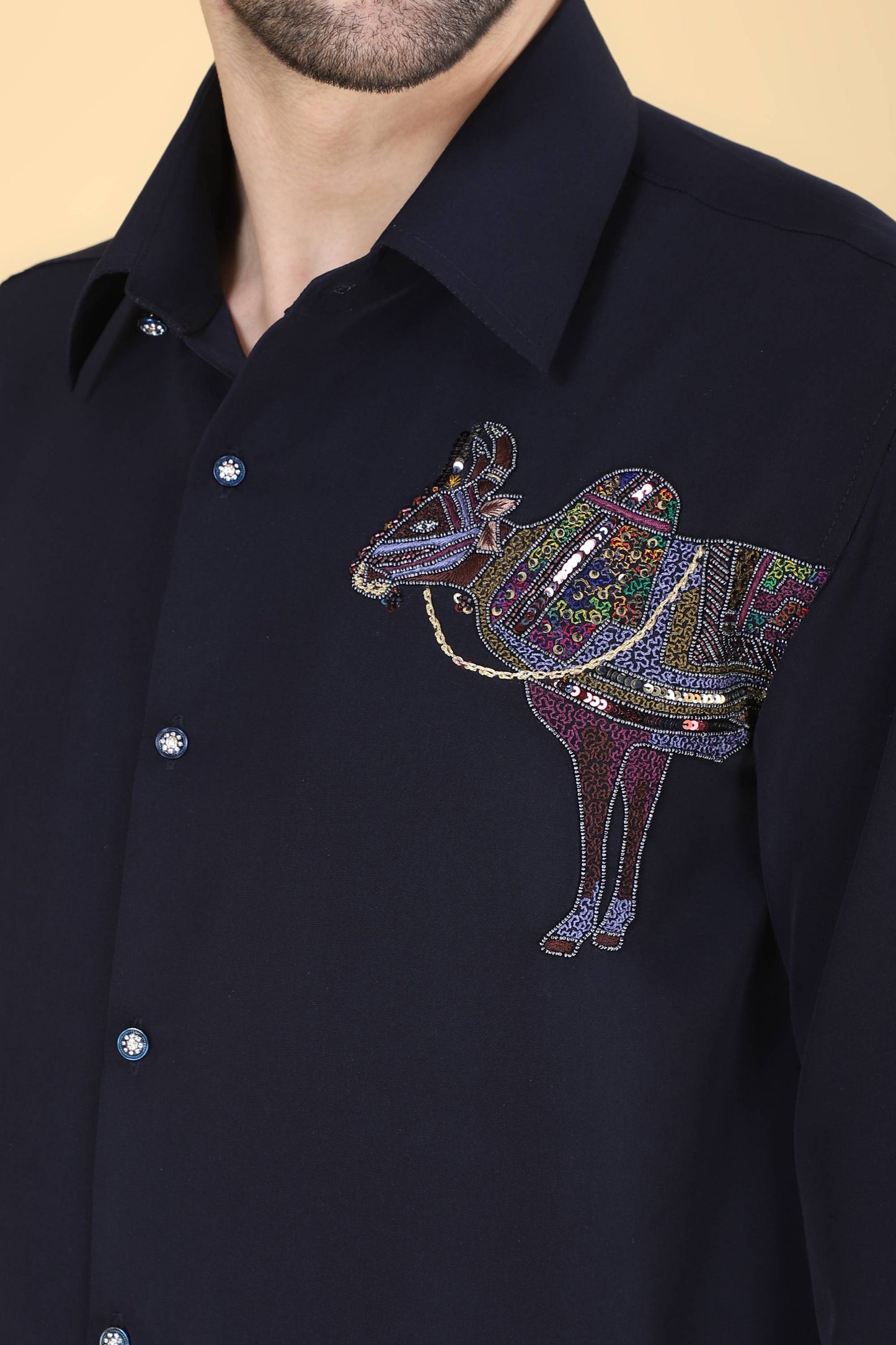 Navy Hand Embroidered Shirt for men