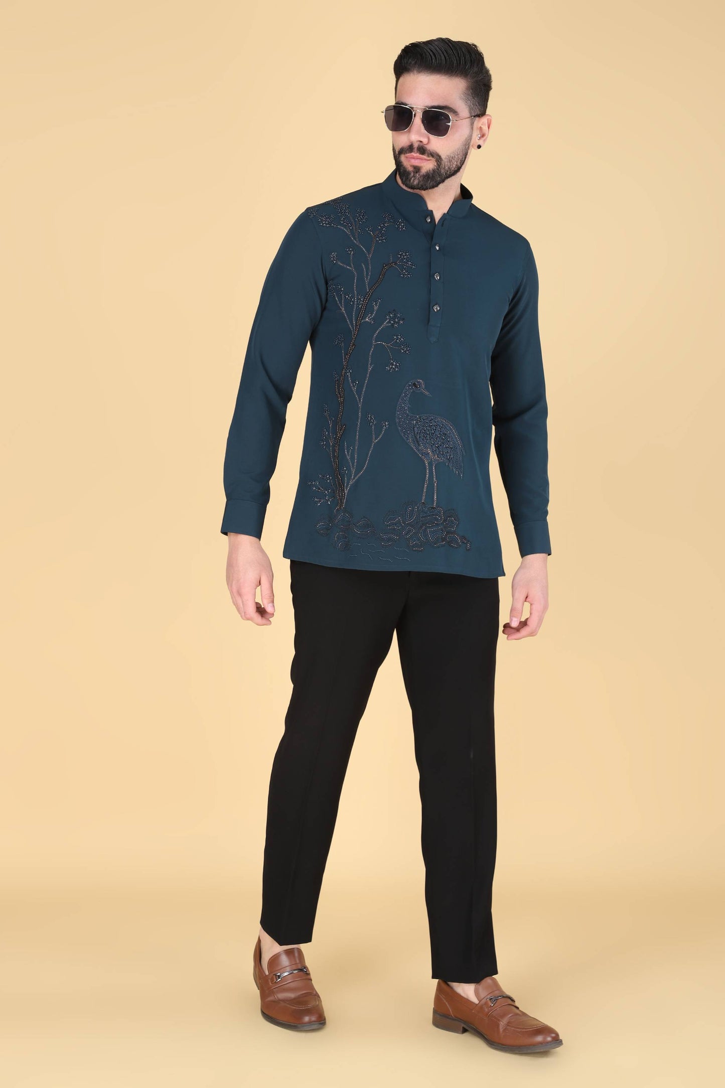 Teal Blue Hand Embroidered Shirt for Men