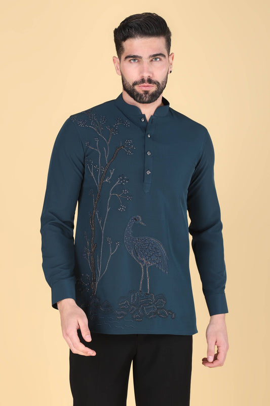 Teal Blue Hand Embroidered Shirt for Men