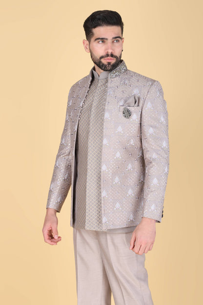 Grey Short Indowestern With Thread And Sequins Embroidery On Silk